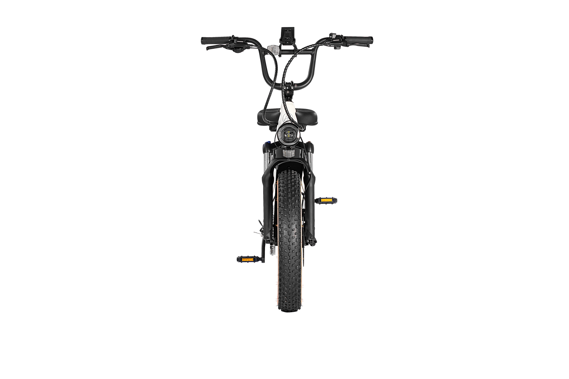 Front view of the AIMA - Big Sur Sport fat tires bike with wide, knobby tires, handlebars, and a single headlight.