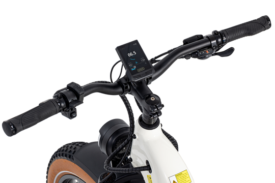 A close-up view of the AIMA - Big Sur eBike's handlebars reveals a digital display, hand grips, and control buttons, showcasing its design as an all-terrain companion.