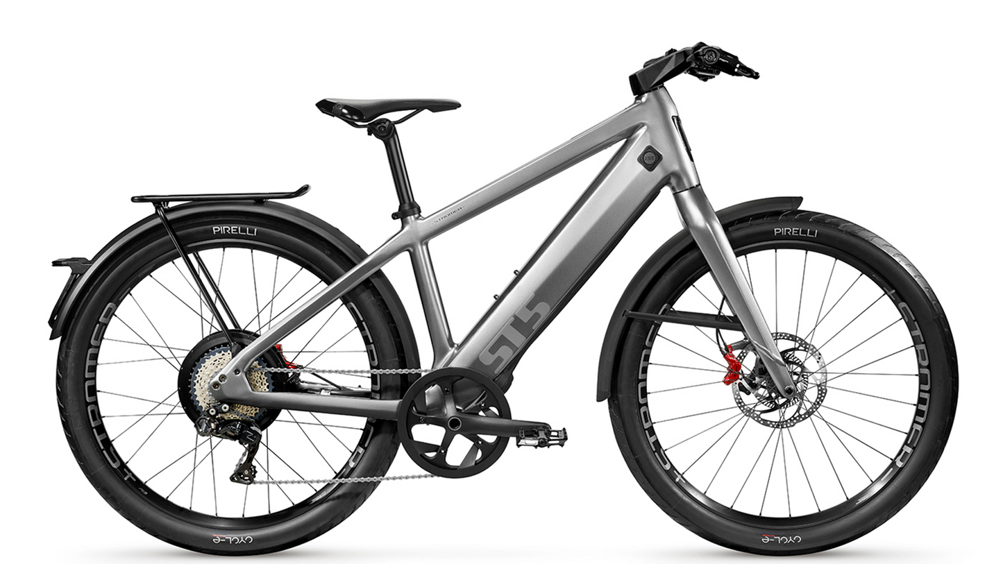 Stromer - ST5 electric bicycle with disc brakes, a sleek frame design, and an electronic shifting system.