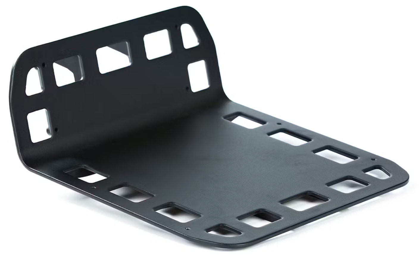 The Tampa Bay eBikes Aventon - Front Utility Rack is a black metal mounting plate with rectangular cutouts and a curved back edge, perfect for securing a front rack on Aventon electric bikes. Shown on a white background.