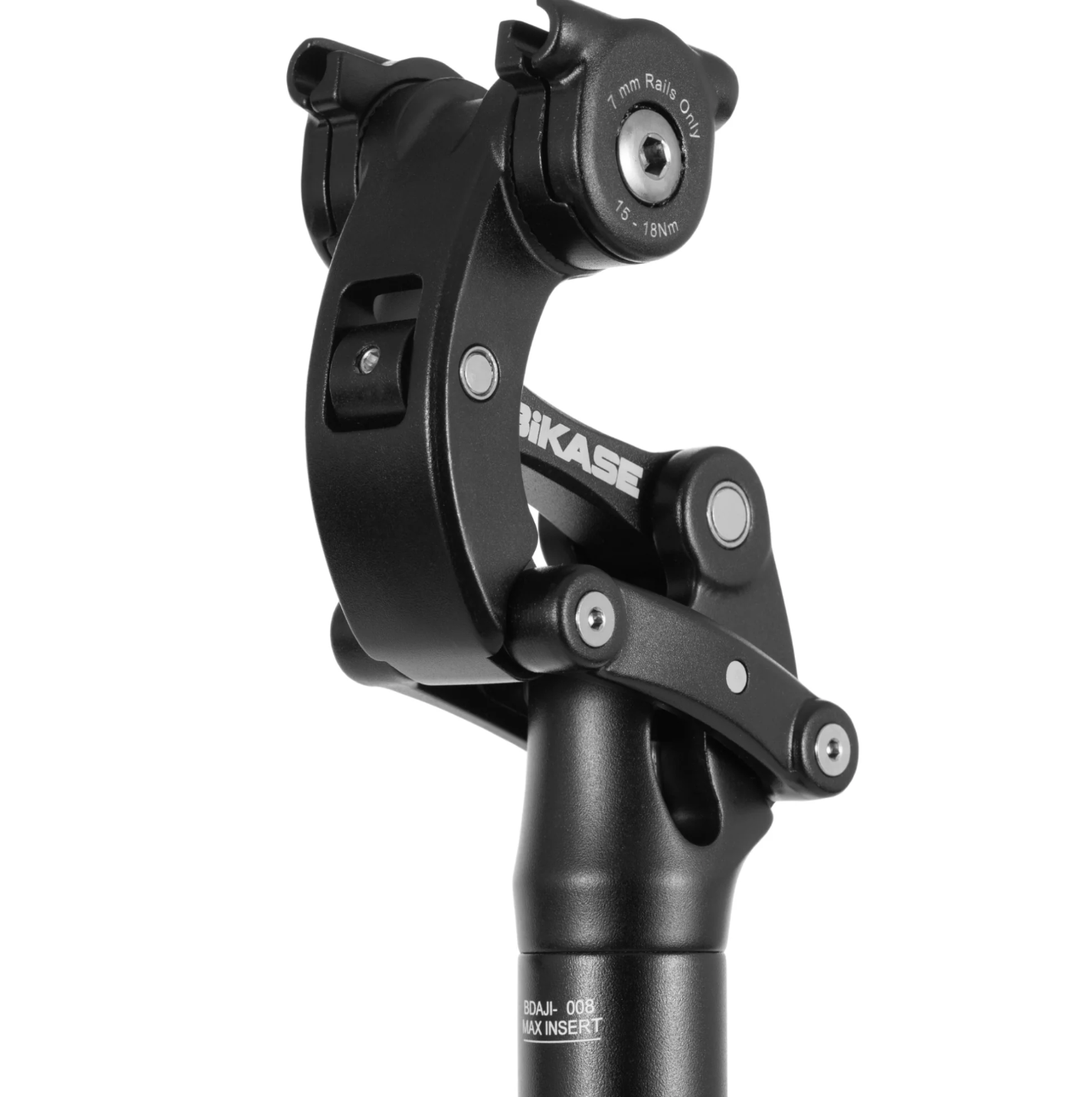 Close-up of the Bikase BumpStop Suspension Seatpost, a black adjustable bike seat post with visible Bikase branding and screws, featuring active suspension for enhanced ride smoothness.