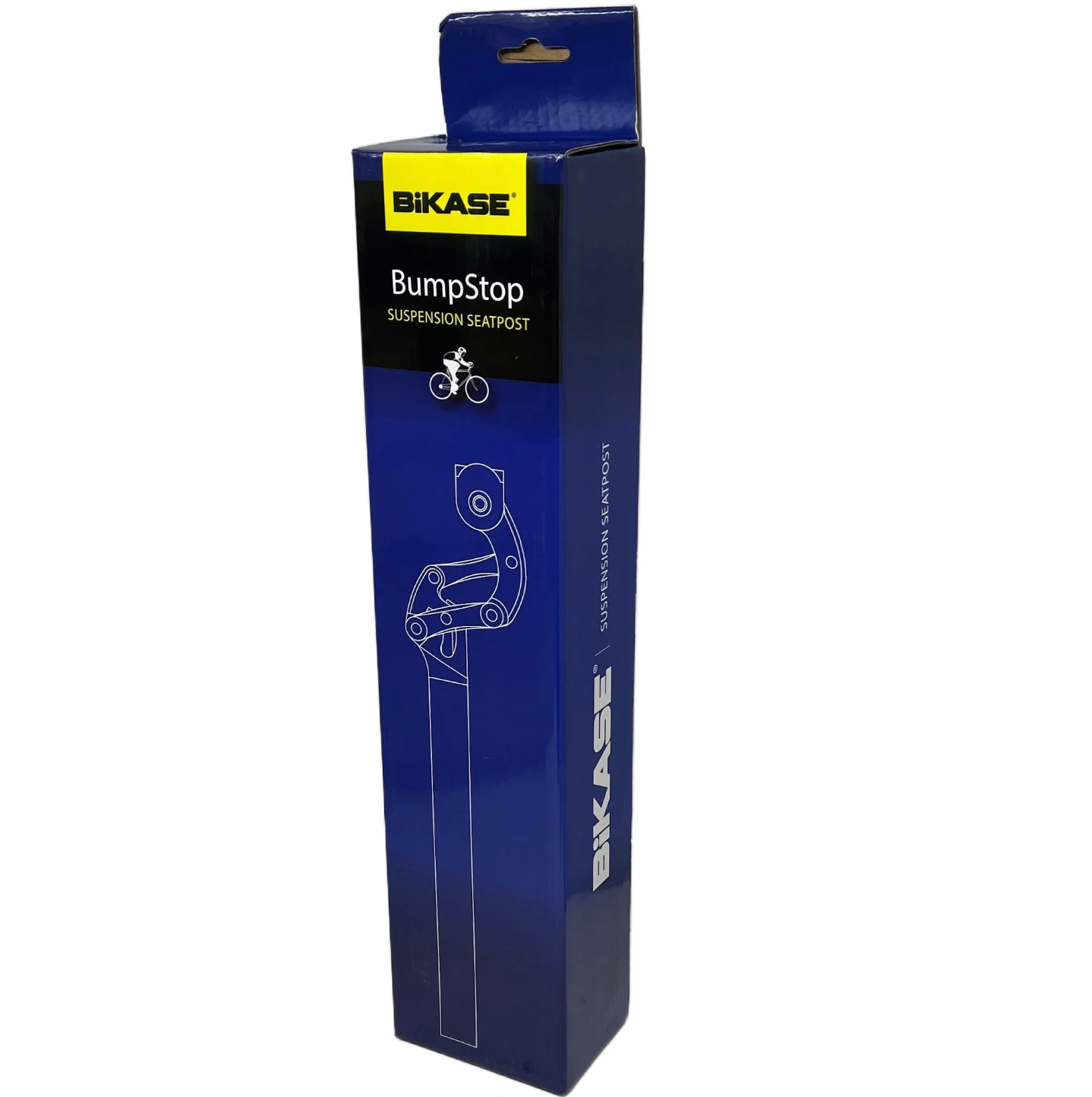 The Bikase BumpStop Suspension Seatpost's blue box showcases the product, emphasizing its adjustable preload for improved riding comfort.