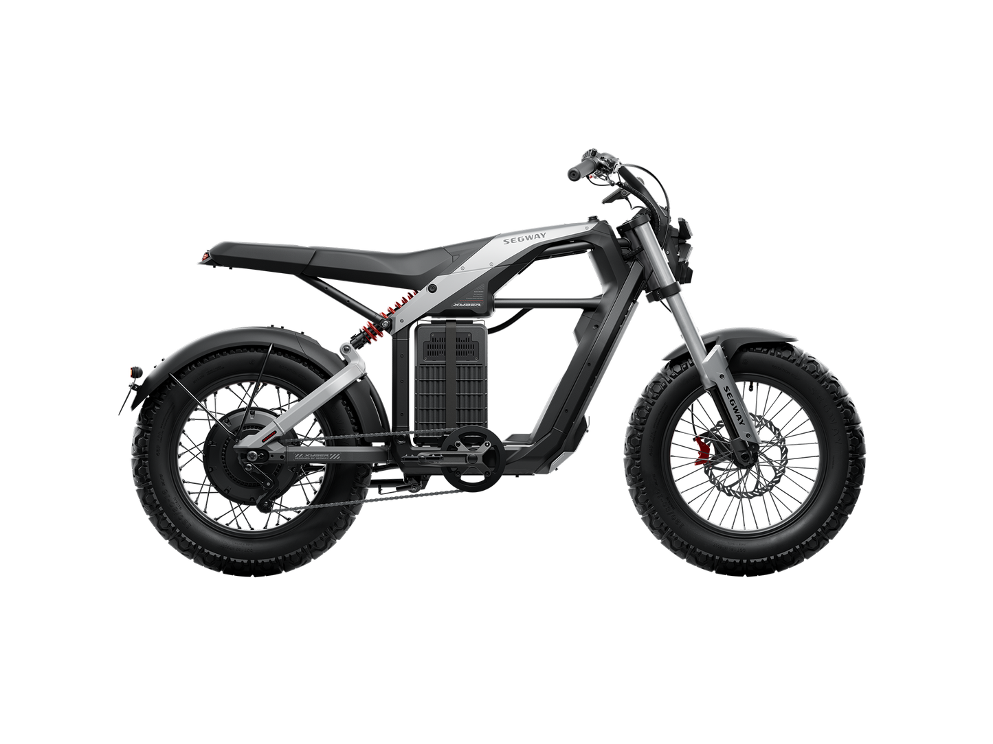 A side view of the Segway Xyber Electric Bike reveals its sleek black and grey design with thick tires and an exposed frame against a white background, highlighting its high-performance eBike capabilities.