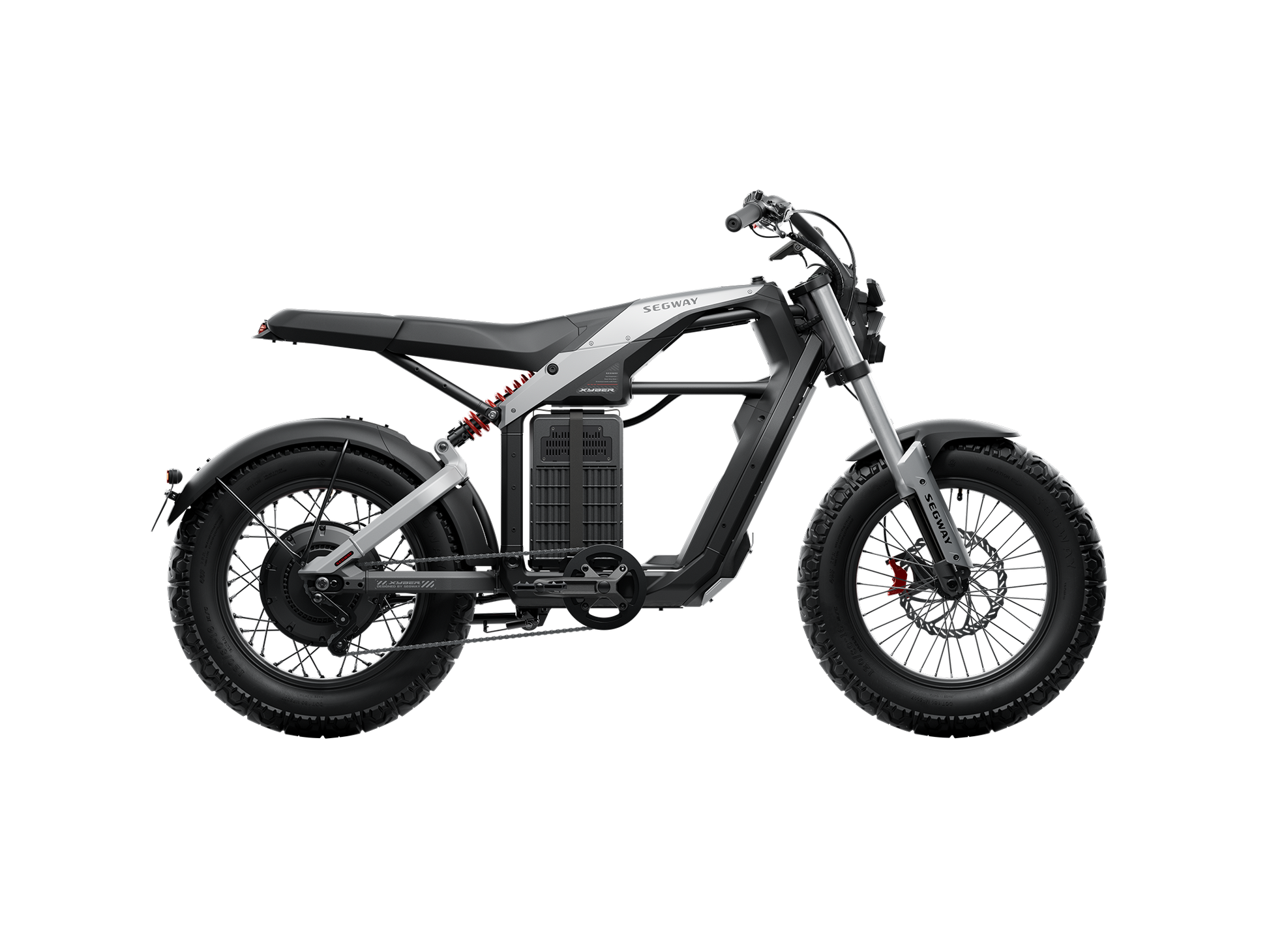 A side view of the Segway Xyber Electric Bike reveals its sleek black and grey design with thick tires and an exposed frame against a white background, highlighting its high-performance eBike capabilities.