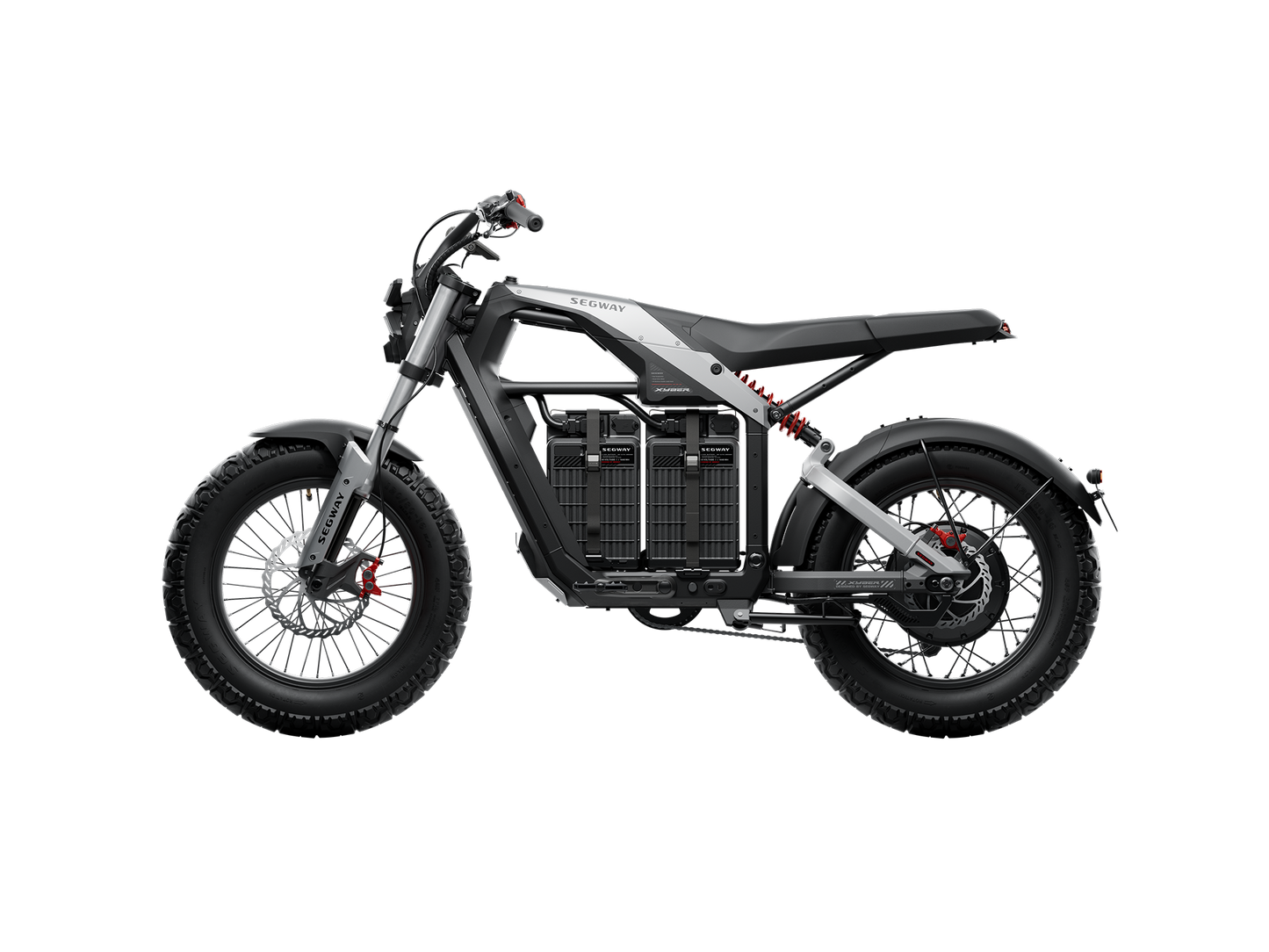 The Segway - Xyber electric bike features a sleek black and gray frame, exposed components, thick tires, and a minimalist design, viewed from the side.