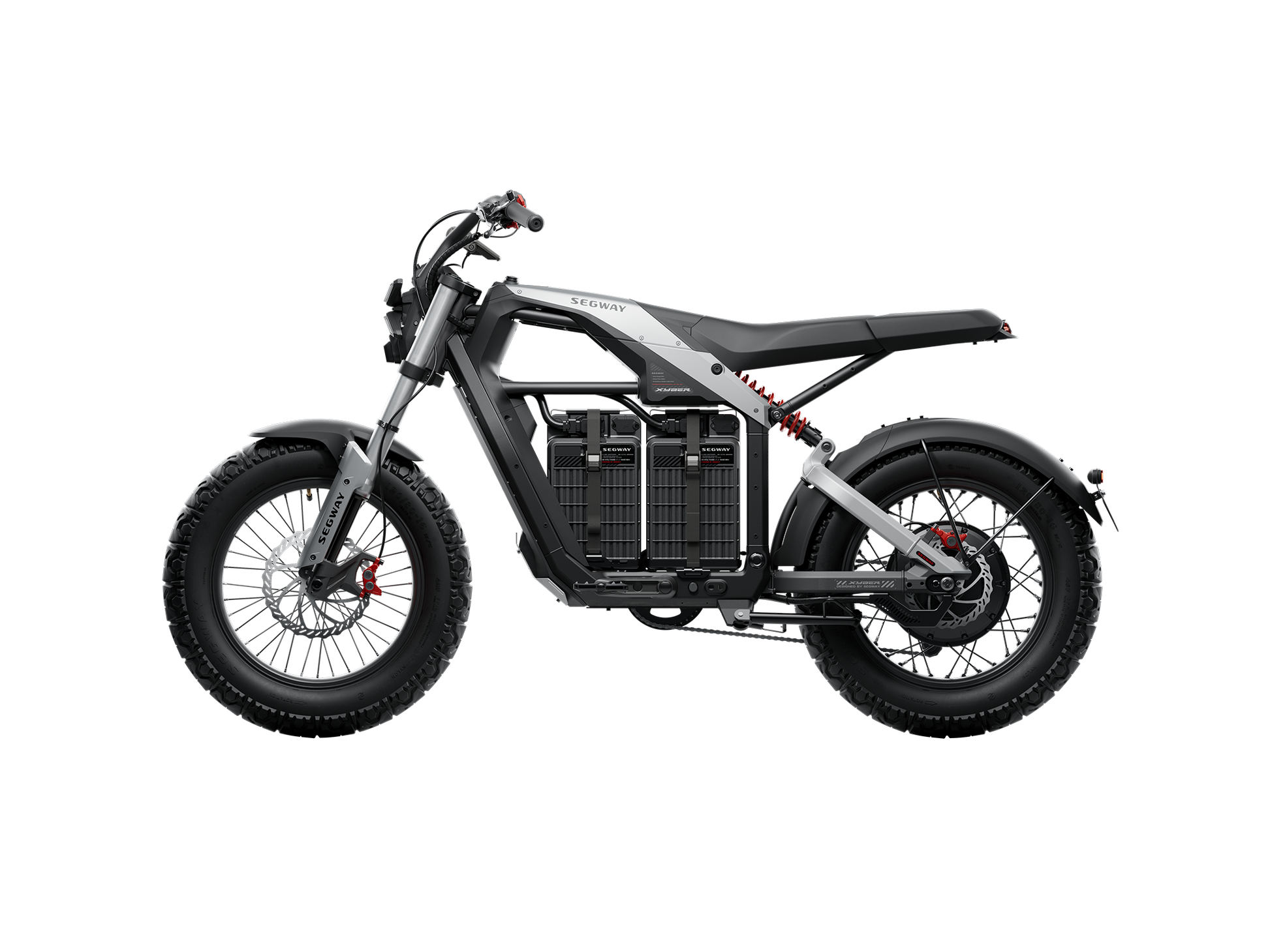 The Segway - Xyber electric bike features a sleek black and gray frame, exposed components, thick tires, and a minimalist design, viewed from the side.