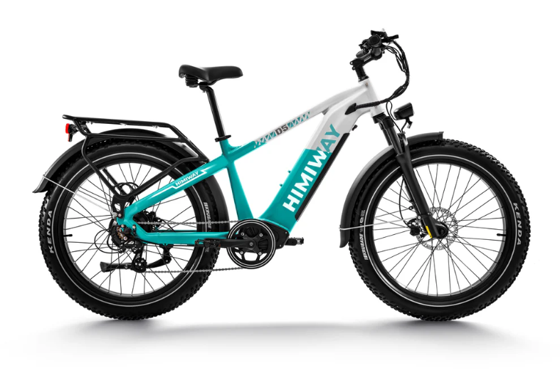 The Himiway D5 Step Through electric fat bike features a turquoise and white frame, thick tires ideal for all-terrain adventures around Tampa Bay, a black seat, and a rear rack.
