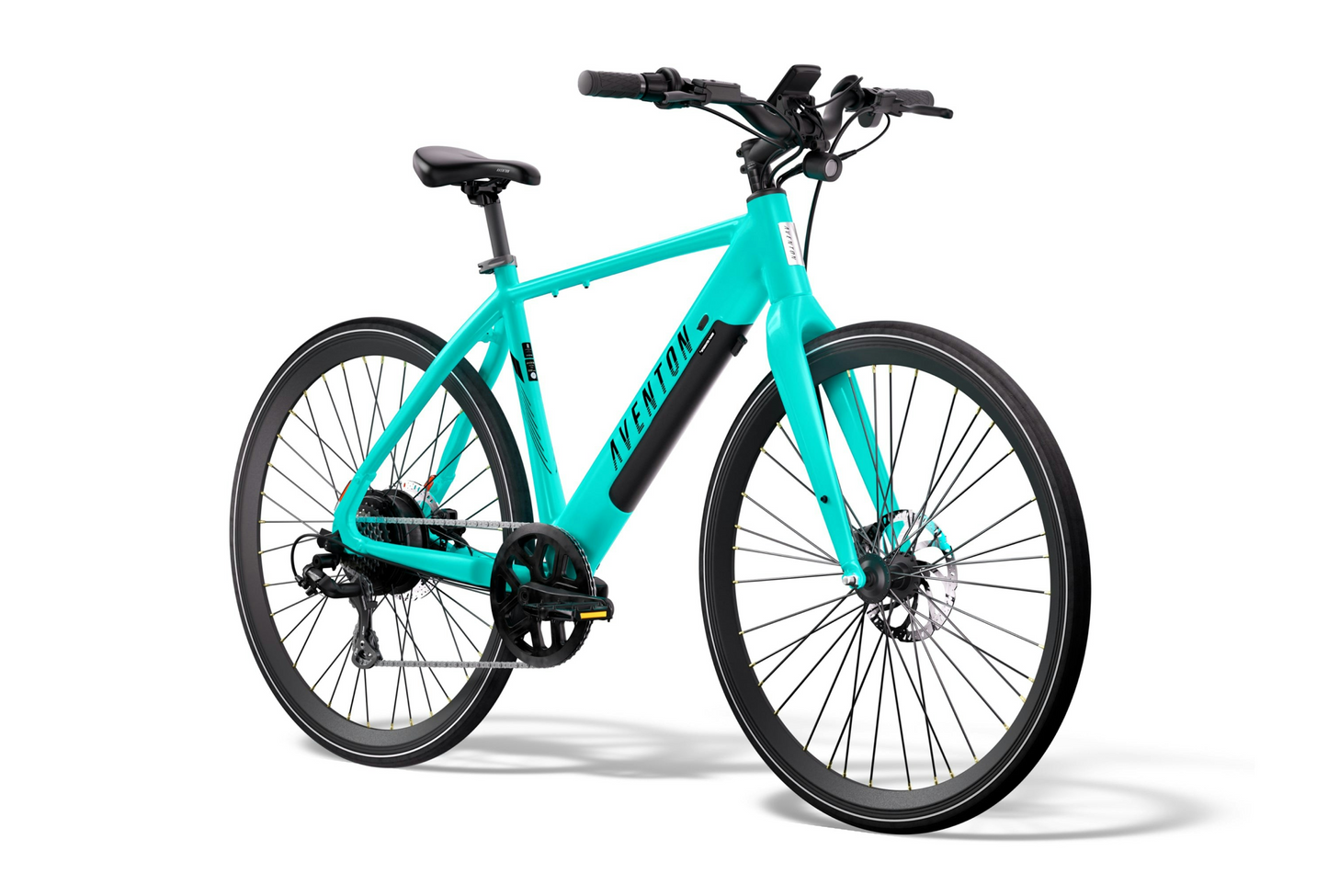 A teal Aventon Soltera 2.5 electric bicycle with an aerodynamic frame, black handlebars, seat, and tires is shown on a white background. The frame displays the brand name "Aventon.