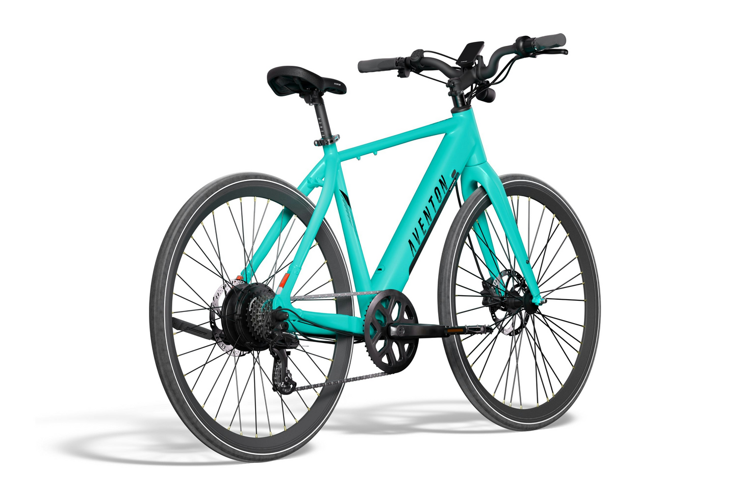 An Aventon Soltera 2.5 electric bicycle by Aventon, featuring a turquoise aerodynamic frame with black handlebars, wheels, and seat, is displayed against a white background.