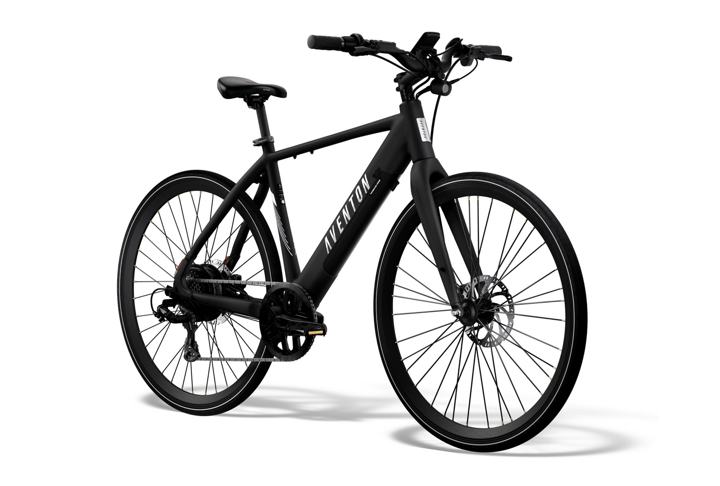 Matte black Aventon Soltera 2.5 electric bike with aerodynamic step-over frame, flat handlebars, front and rear disc brakes, and narrow road tires, displayed on a white background.