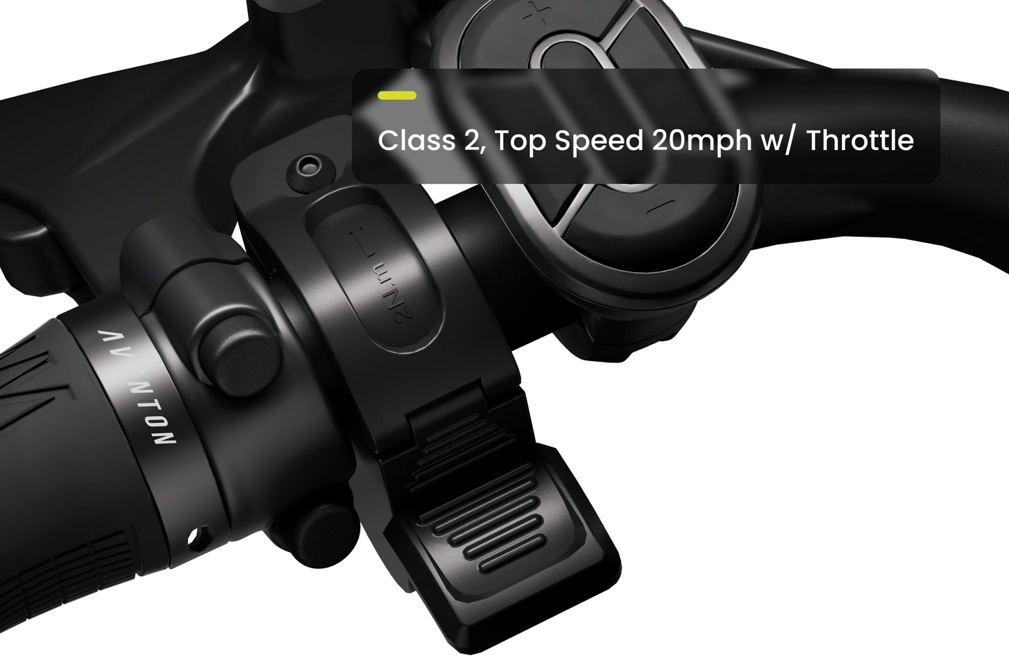 Close-up of Aventon - Soltera 2.5 electric bike handlebar with throttle, display, and "Class 2, Top Speed 20mph w/ Throttle" text overlay. Highlights Aventon's aerodynamic frame for efficient performance.