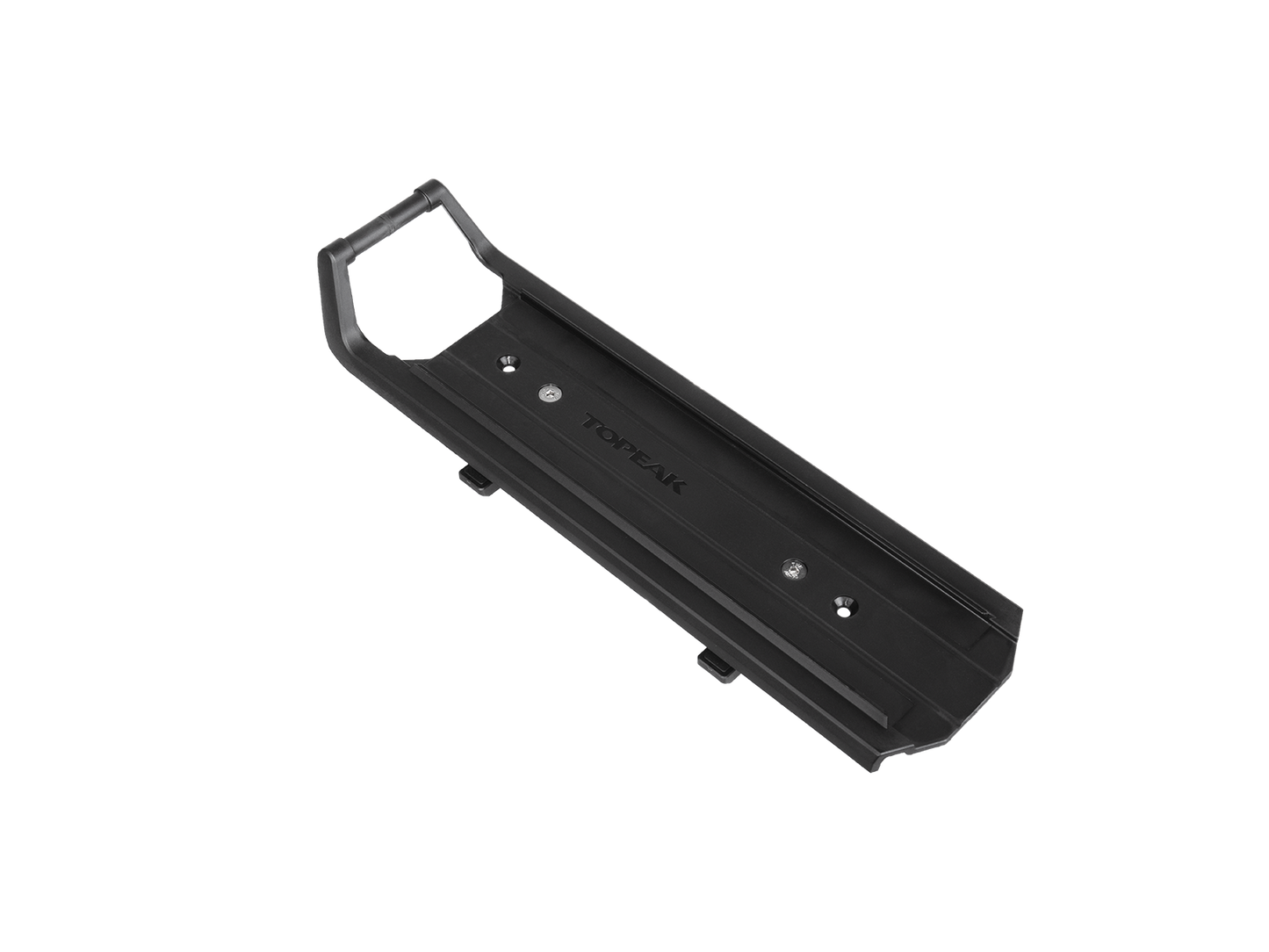 The black plastic mount, branded with "Omni" on its surface, is designed for seamless integration with TrunkBags or rear baskets. This sturdy accessory also includes the OMNI QUICKTRACK ADAPTER to ensure quick and secure attachment.