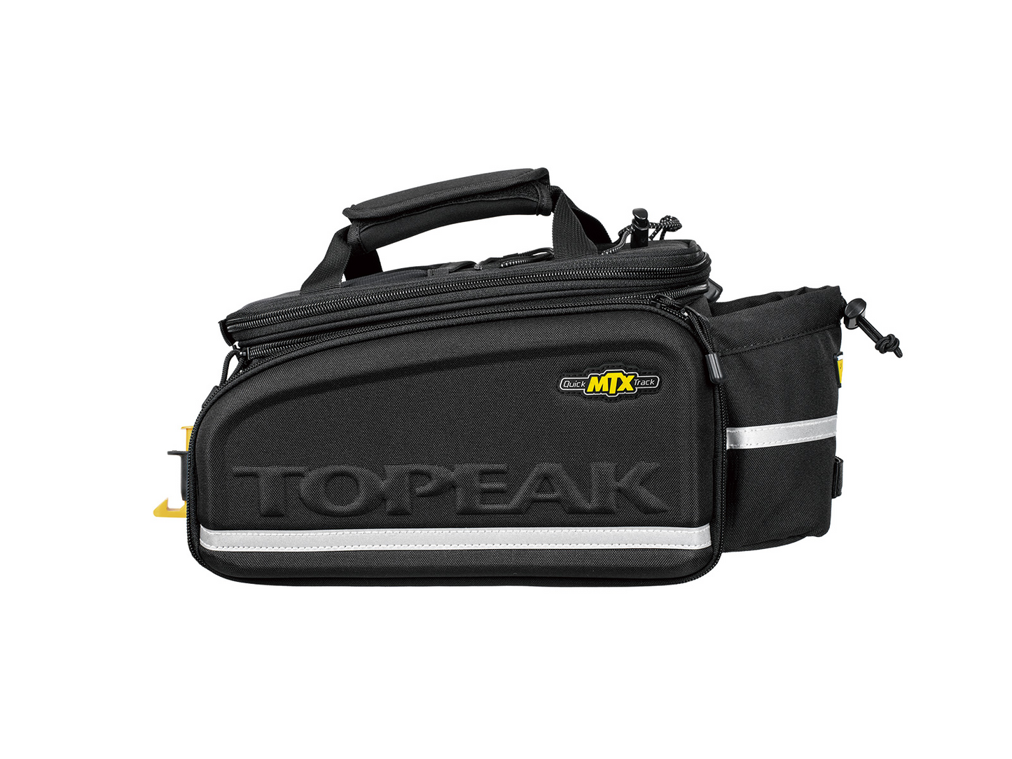 The ToPeak MTX TrunkBag DXP is a black bag with a carrying handle, reflective strip, and side pouch. It features the QuickTrack system for easy attachment and two zippers for convenient access.