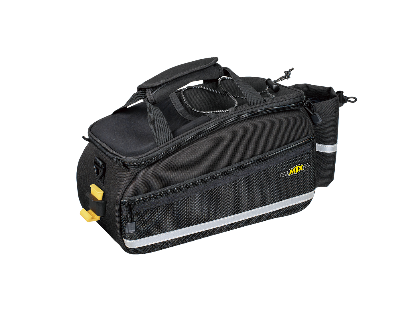 The ToPeak MTX Trunk Bag EX QuickTrack is a black bicycle pannier bag with MTX QuickTrack® compatibility, a top handle, side pockets, reflective striping, water repellency, and a zipper closure. It features a small yellow logo on the side.