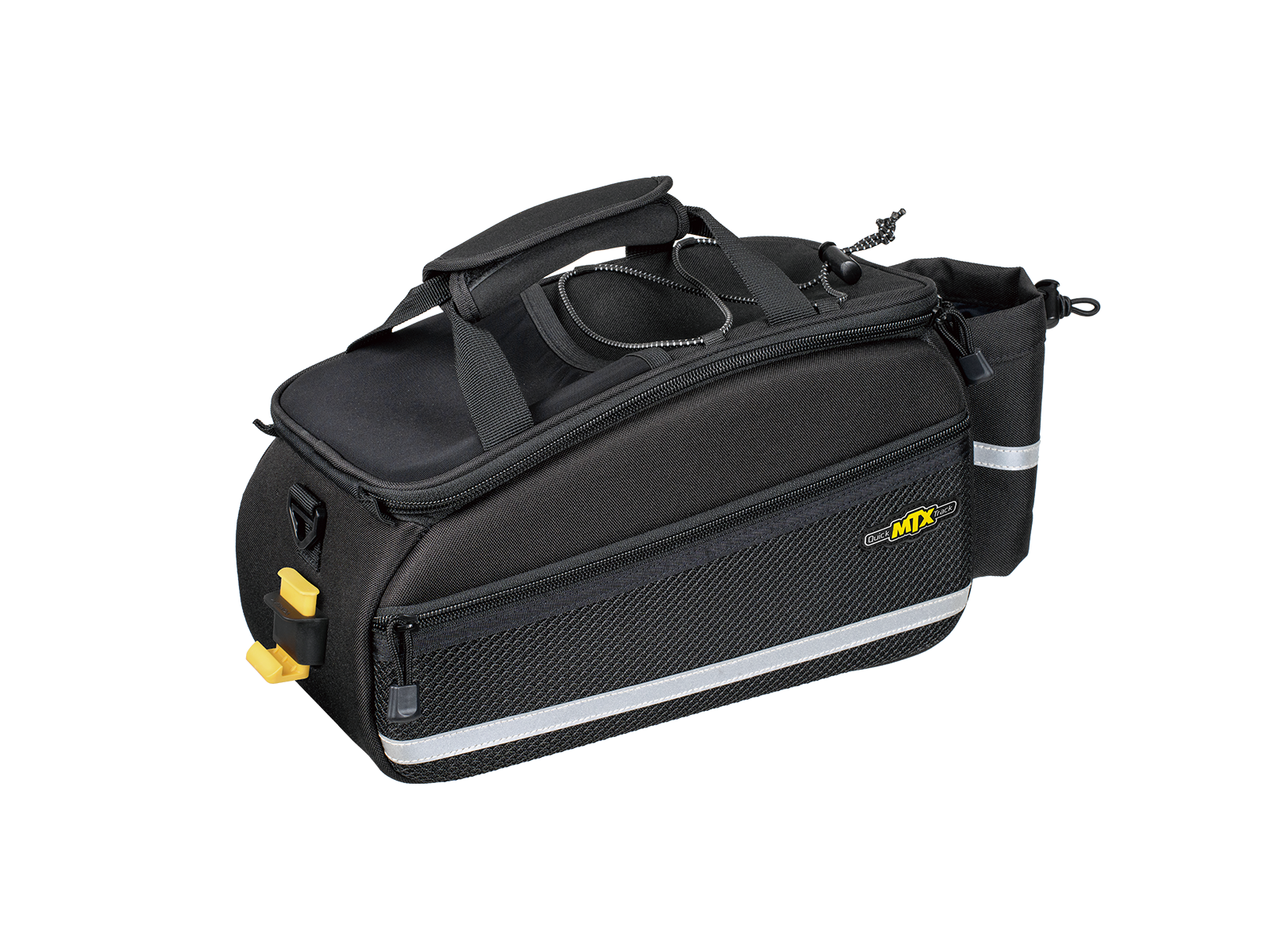 The ToPeak MTX Trunk Bag EX QuickTrack is a black bicycle pannier bag with MTX QuickTrack® compatibility, a top handle, side pockets, reflective striping, water repellency, and a zipper closure. It features a small yellow logo on the side.