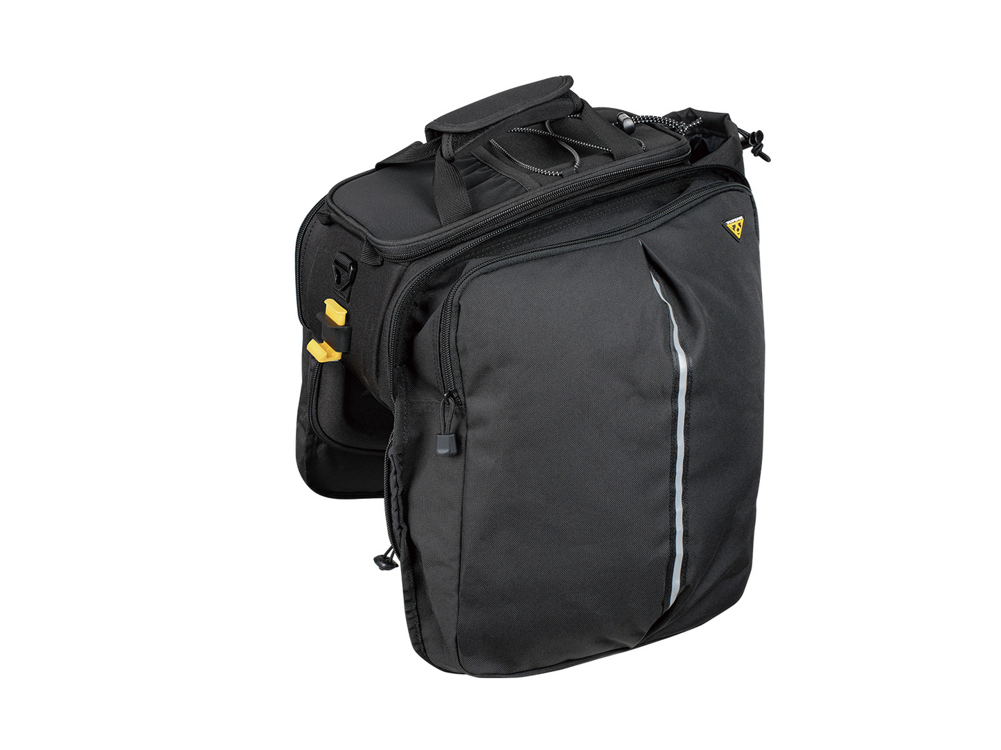 Discover the Topeak MTX TrunkBag EXP, a black water-repellent backpack with multiple compartments. It features MTX QuickTrack®, zip closures, a reflective front stripe, top handle, and striking yellow zipper pulls for convenience.