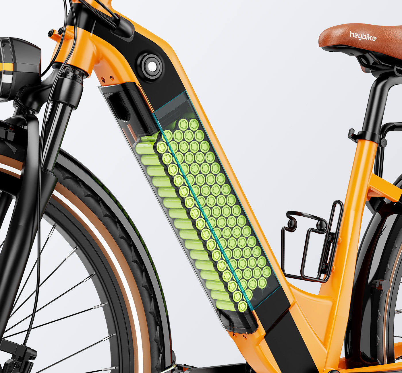 Close-up view of a HeyBike- Cityrun ebike showing the lithium-ion battery within the frame, highlighted in green, against an orange backdrop.