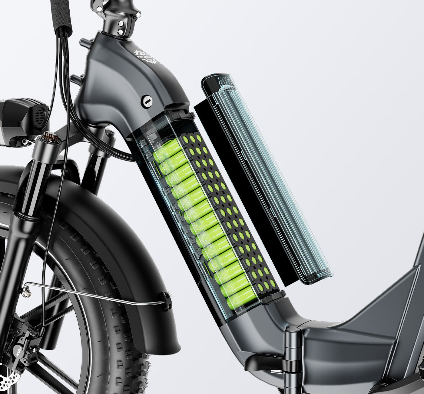 Close-up view of HeyBike- Ranger S's battery pack mounted on the frame, showing visible green battery cells through a clear casing.