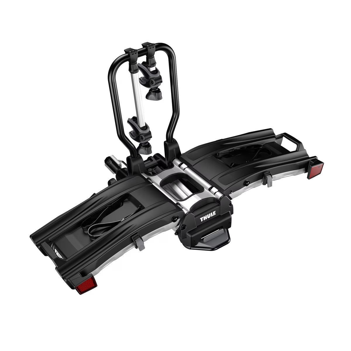 The Thule EasyFold XT Hitch Bike Rack, designed for e-bikes, features adjustable clamps and trays for secure and accessible rear vehicle mounting.