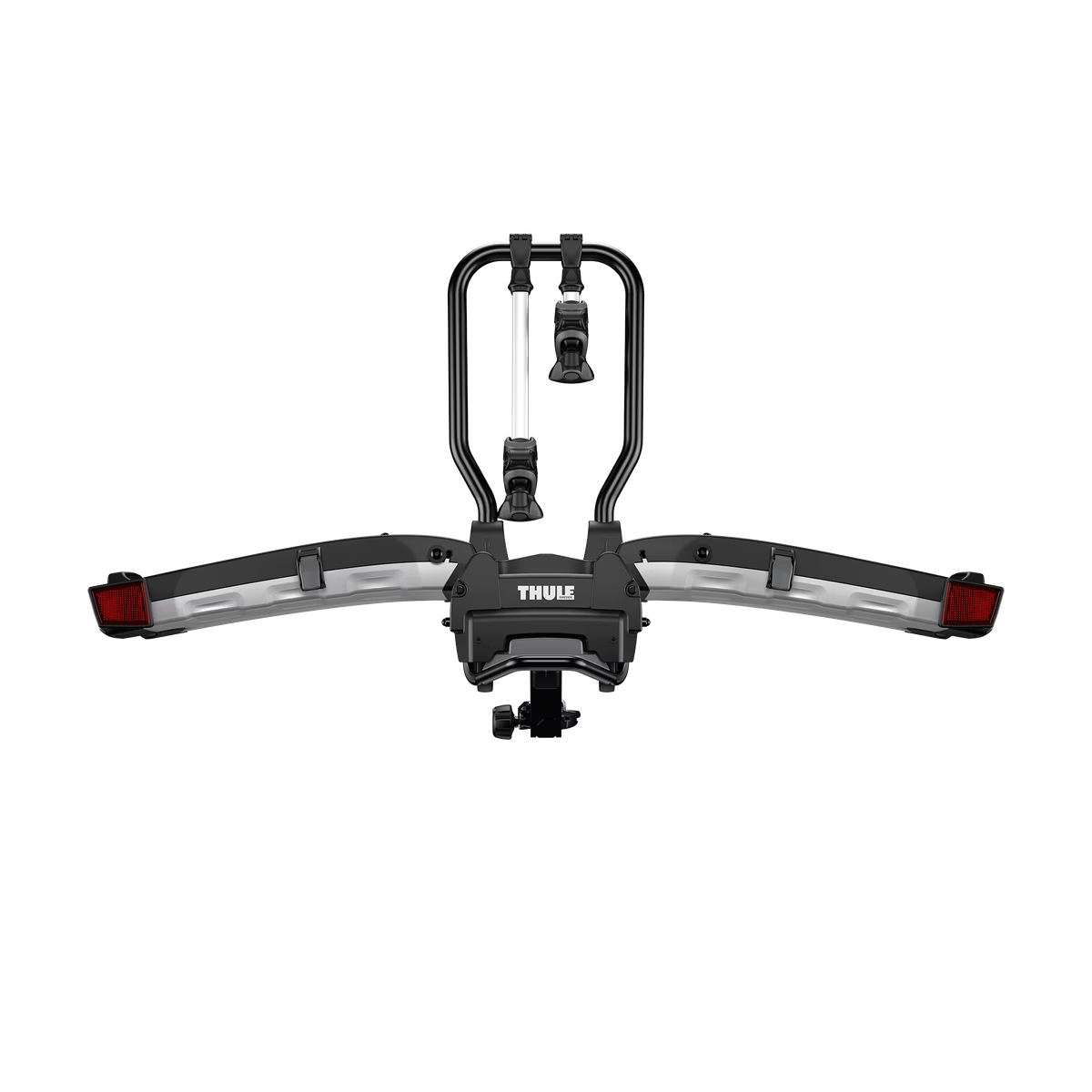 The Thule EasyFold XT Hitch Bike Rack features foldable arms, rear red reflectors, and a sleek black mounting unit, perfect for transporting e-bikes.