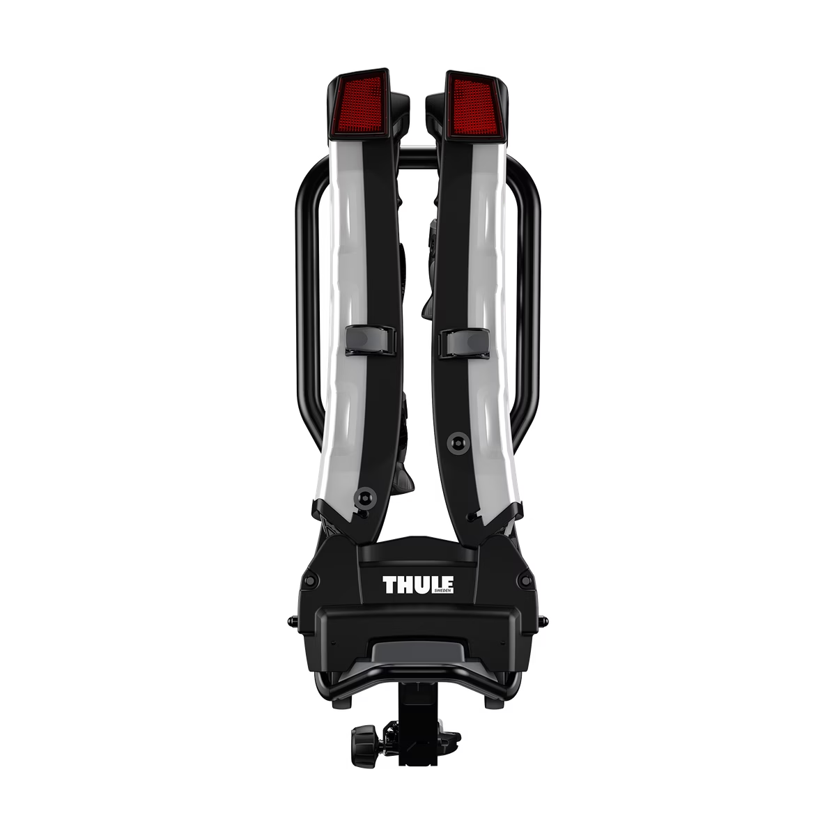 Rear view of the Thule EasyFold XT, a foldable hitch bike rack featuring reflective panels for secure vehicle attachment, specially designed for transporting e-bikes.