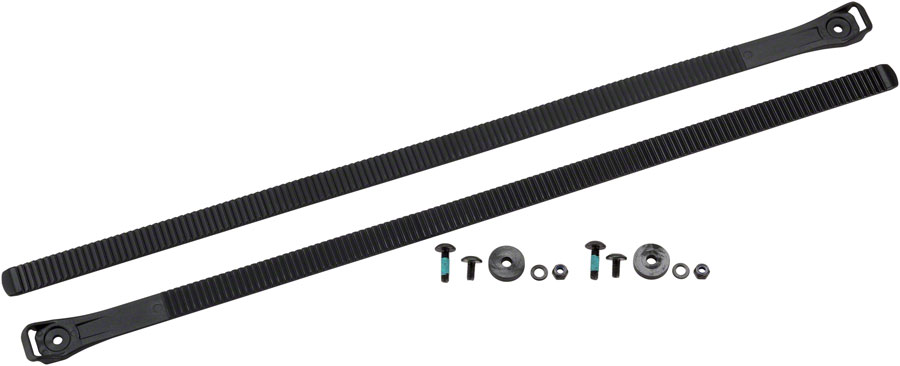 The Thule Fatbike Strap for EasyFold XXL includes two parallel, long black straps with ribbed surfaces, perfect for a foldable hitch bike rack. It also comes with various small hardware components such as bolts, washers, and nuts.