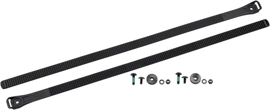 The Thule Fatbike Strap for EasyFold XXL includes two parallel, long black straps with ribbed surfaces, perfect for a foldable hitch bike rack. It also comes with various small hardware components such as bolts, washers, and nuts.