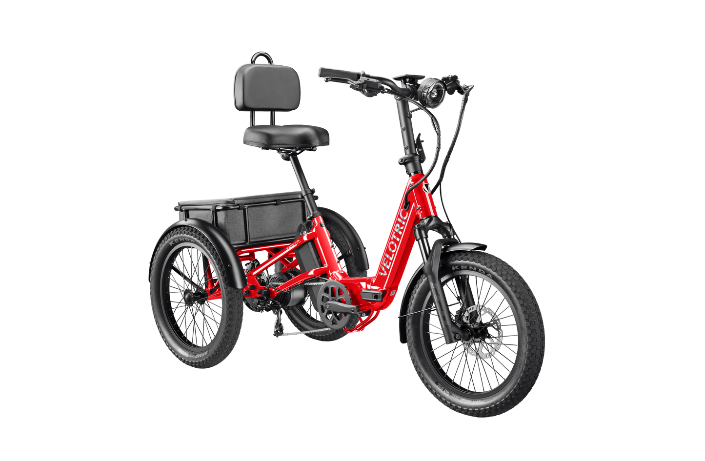 The Velotric Triker is a red electric tricycle with a black cushioned seat, backrest, front and rear wheels, handlebars, and a battery below the seat—ideal for urban eBike riders seeking powerful performance.