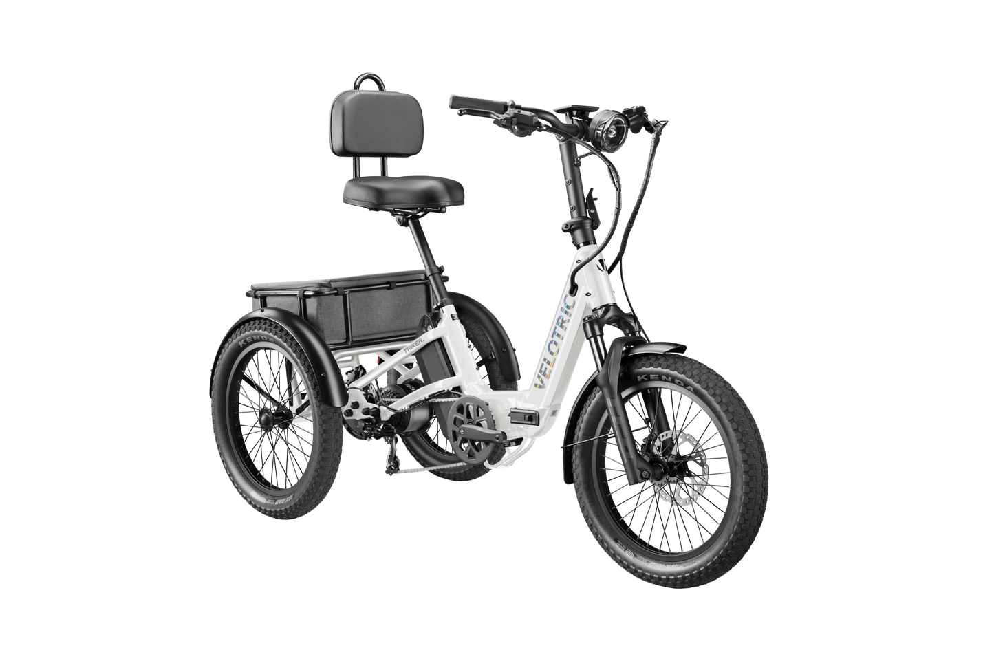 A white Velotric Triker electric tricycle, featuring a black seat, backrest, and rear-mounted battery pack; designed for adults and powered by a 750W motor for a smooth city eBike ride.