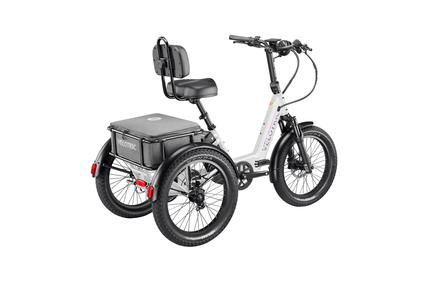 The Velotric Triker by Velotric is a four-wheeled electric tricycle with a backrest seat for comfort and stability, plus a roomy rear storage box, shown from the rear left view.