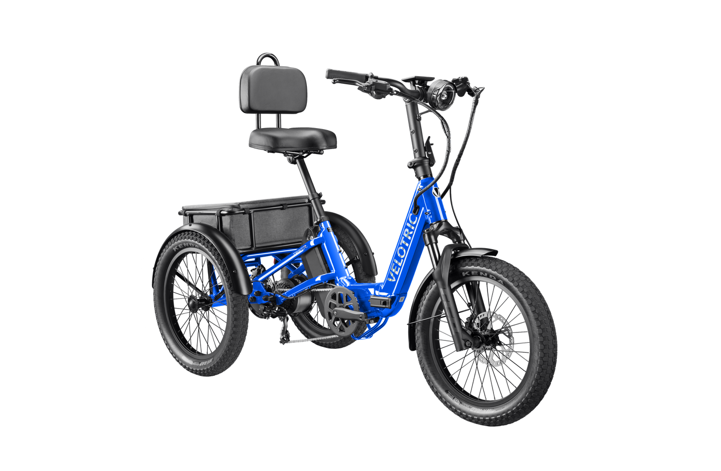 The Velotric Triker by Velotric features enhanced stability and comfort with a padded seat, backrest, wide tires, and a battery pack mounted behind the seat.