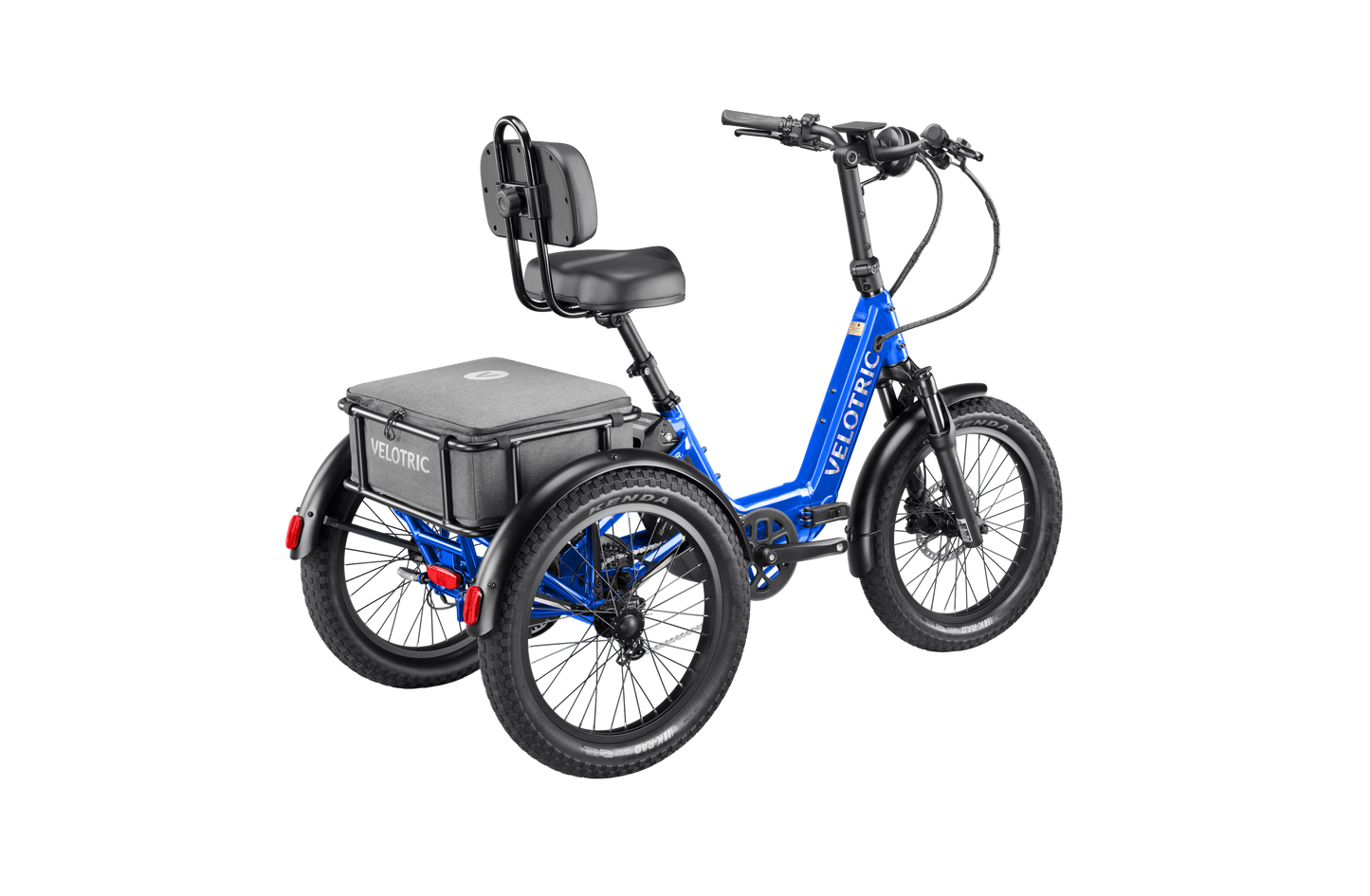 The Velotric Triker by Velotric is a blue four-wheeled urban eBike featuring a black cushioned seat, backrest, handlebars, and a large rear storage box, delivering powerful performance for city rides.