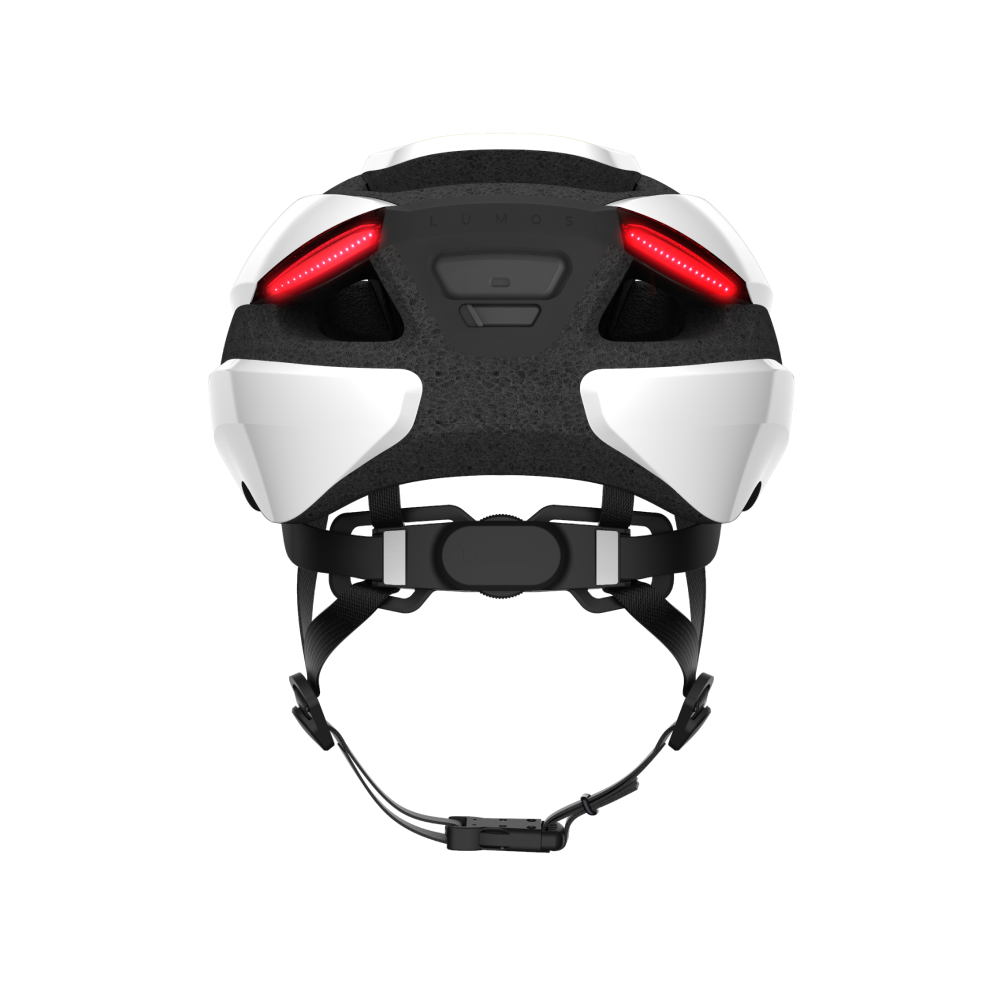 Rear view of a Lumos Ultra MIPS Helmet with red safety lights and adjustable strap.