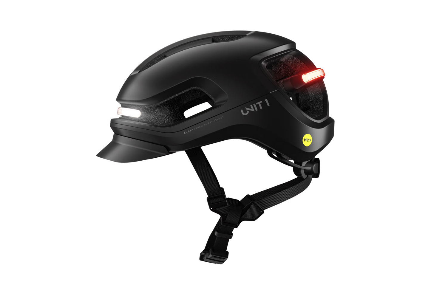 The Unit1 AURA MIPS eBike Helmet by Unit1 is a black urban helmet with a visor, adjustable straps, Mips safety system, and integrated front and rear LED lights, displayed against a plain white background.