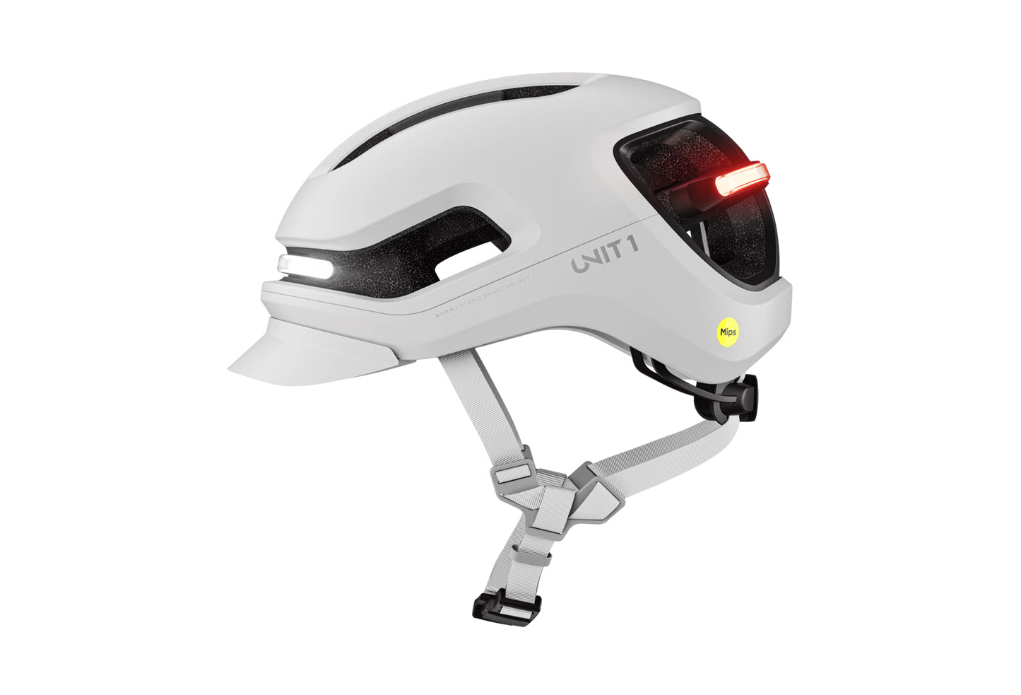 The Unit1 AURA MIPS eBike Helmet by Unit1 is a white urban helmet with integrated front and rear lights, gray adjustable straps, and a yellow Mips safety system sticker on the side.