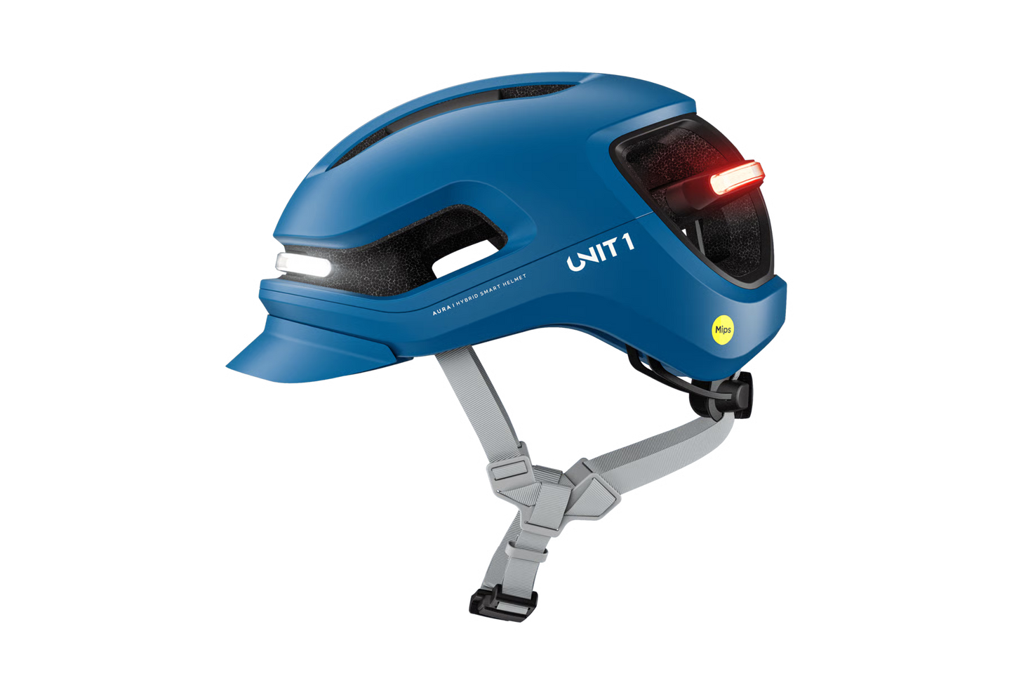 The Unit1 AURA MIPS eBike Helmet by Unit1 is a blue urban helmet with integrated front and rear LED lights, grey adjustable straps, side UNIT 1 logo, and advanced Mips safety system.