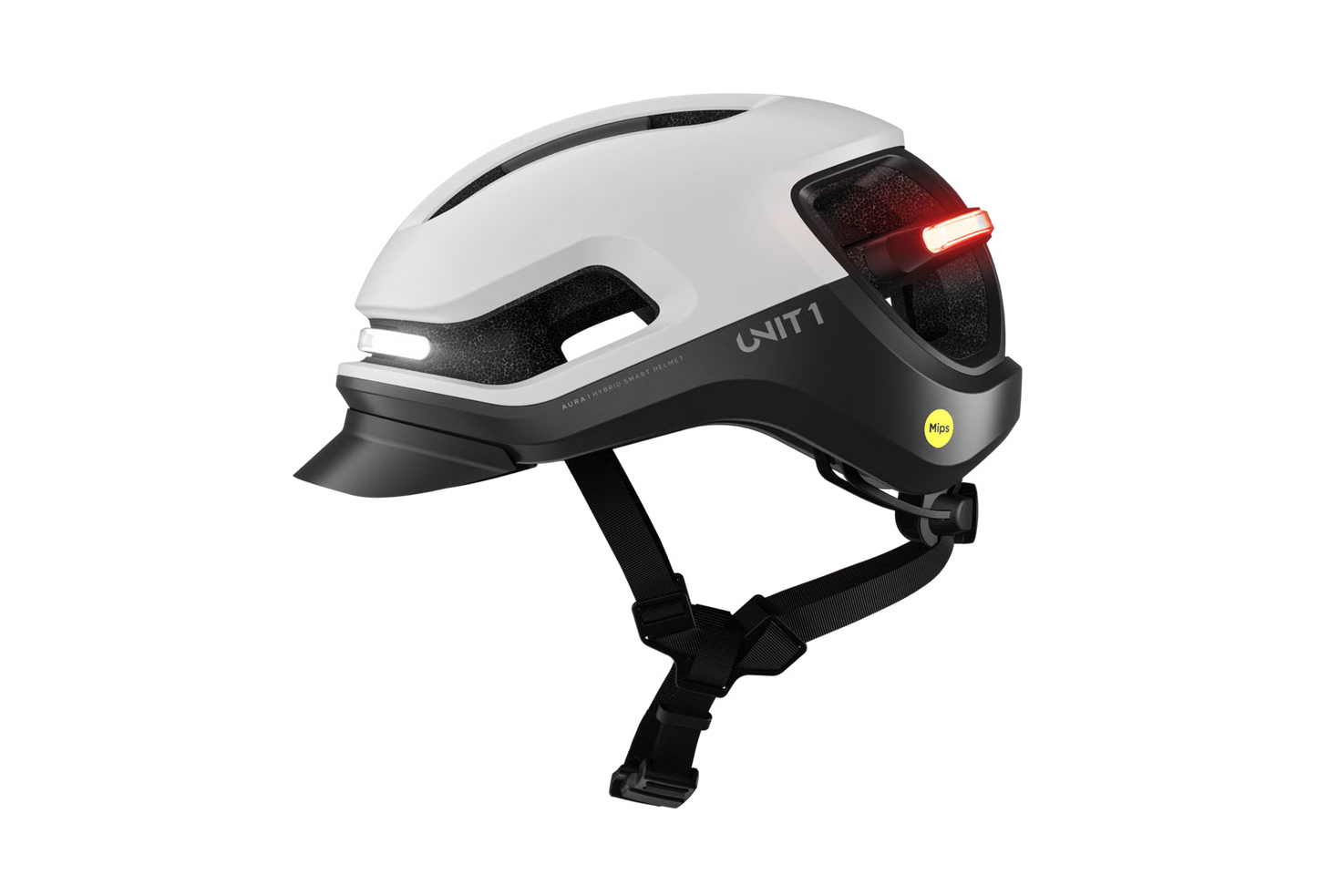 The Unit1 AURA MIPS eBike Helmet by Unit1 features a white and black matte finish, integrated front and rear LED lights, adjustable straps, and Mips technology for enhanced safety.