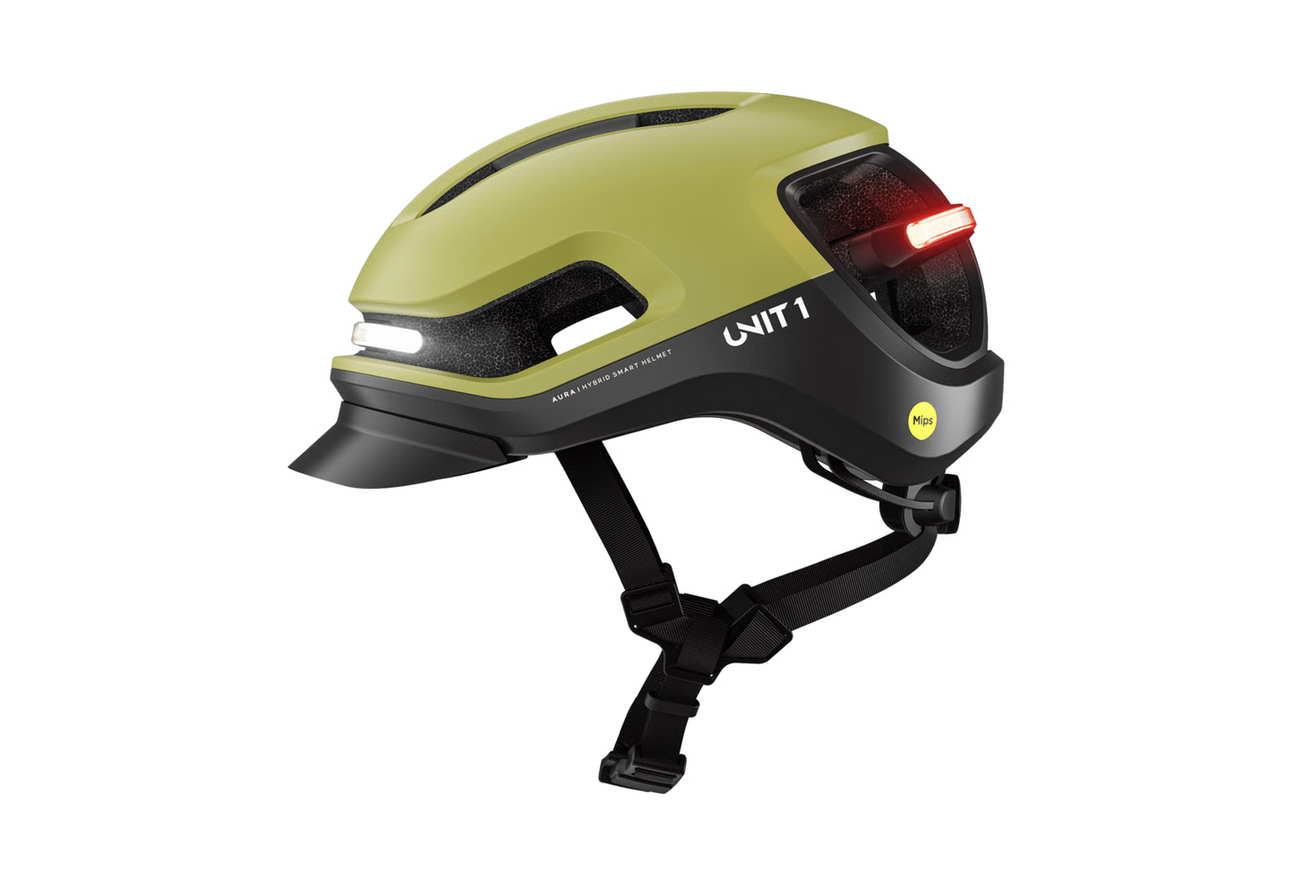 The Unit1 AURA MIPS eBike Helmet, in green and black, features integrated front and rear LED lights, adjustable straps, a sun visor for comfort, added Mips safety, and prominent Unit1 branding on the side against a plain background.