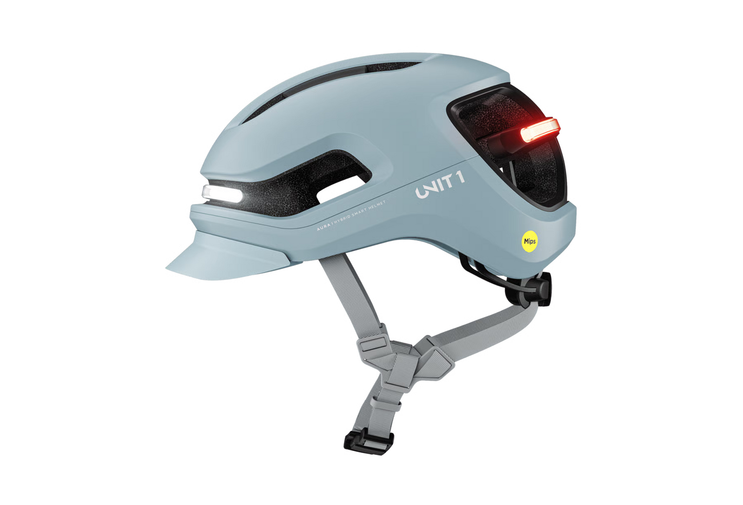 The Unit1 AURA MIPS eBike Helmet by Unit1 is a light blue urban helmet with integrated front and rear LED lights, adjustable straps, and a yellow Mips safety sticker on the side.