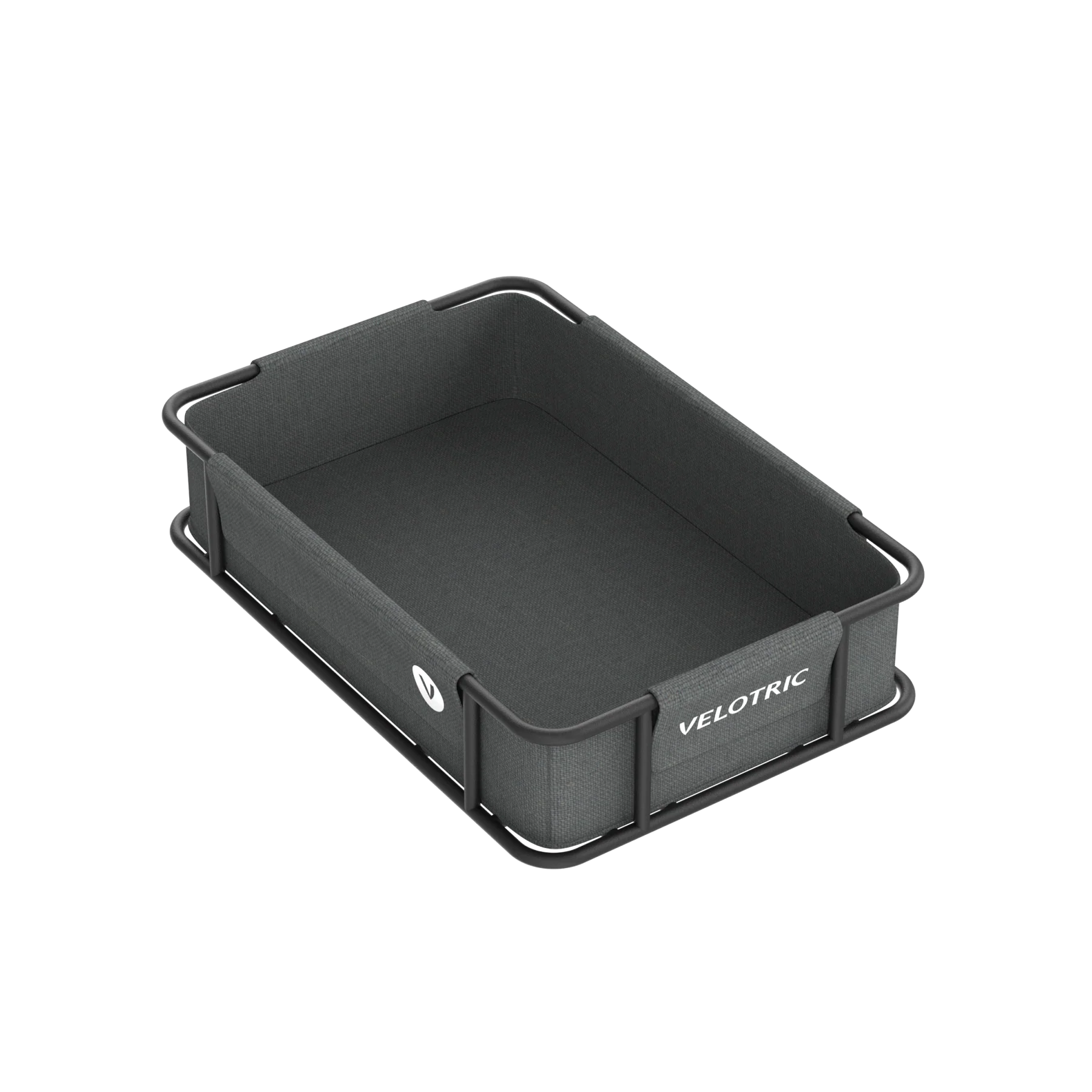 A large volume Velotric rear basket with a waterproof fabric, displayed on a black tray on a black background.