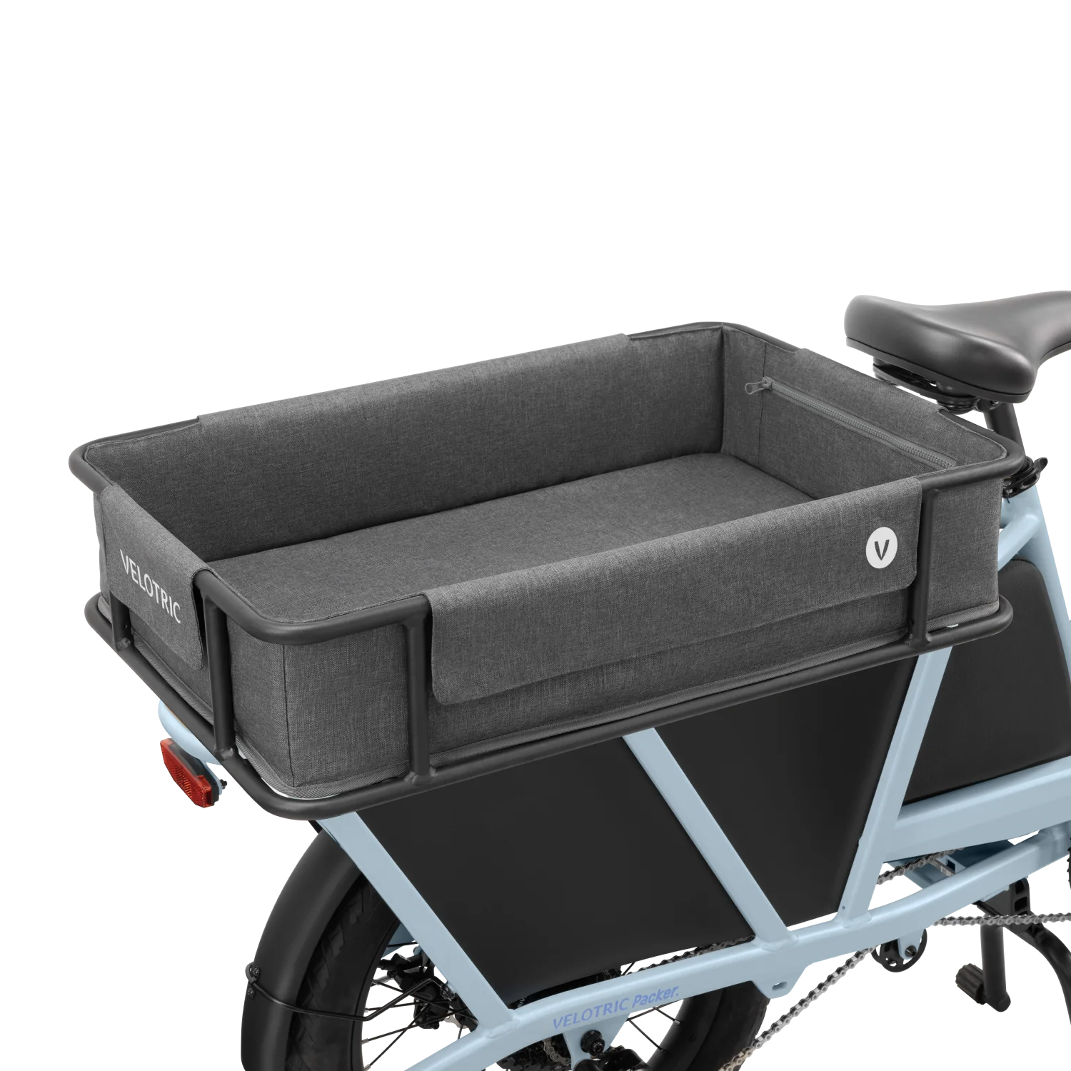 A waterproof blue aluminum alloy bicycle with a Velotric Rear Basket - L in the back, perfect for cycling adventures.