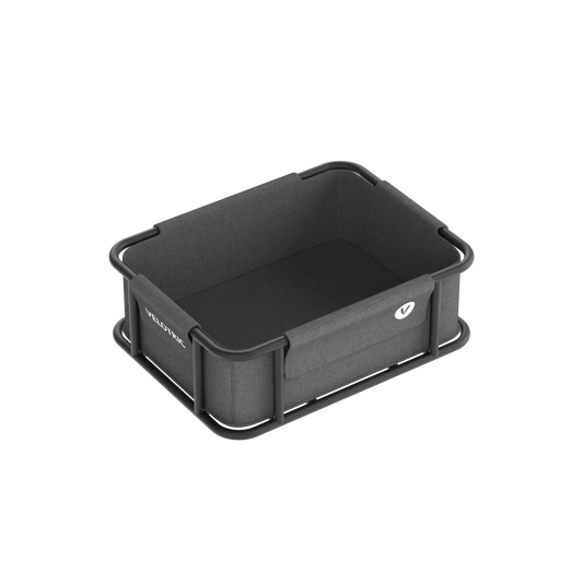 A gray Velotric Rear Basket on a black background, waterproof and wear-resistant.