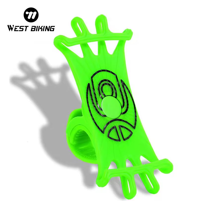 The neon green Cell Phone Holder - Stretch by Tampa Bay eBikes, featuring an abstract design and grip extensions, offers broad phone compatibility with a brand logo in the top-left corner.