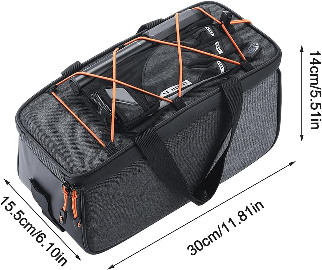 Tampa Bay eBikes' West Biking Small Rear Rack Bag: a rectangular gray carrying bag with orange trim, black handles, and dimensions of 30cm x 15.5cm x 14cm (11.81in x 6.10in x 5.51in).