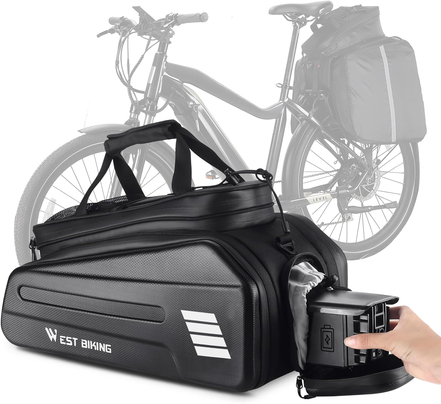 A black bicycle with the Tampa Bay eBikes West Biking Rear Rack Bag that includes eBike battery storage. In the foreground, there's a close-up of the zippered storage compartment with a water bottle being placed inside.