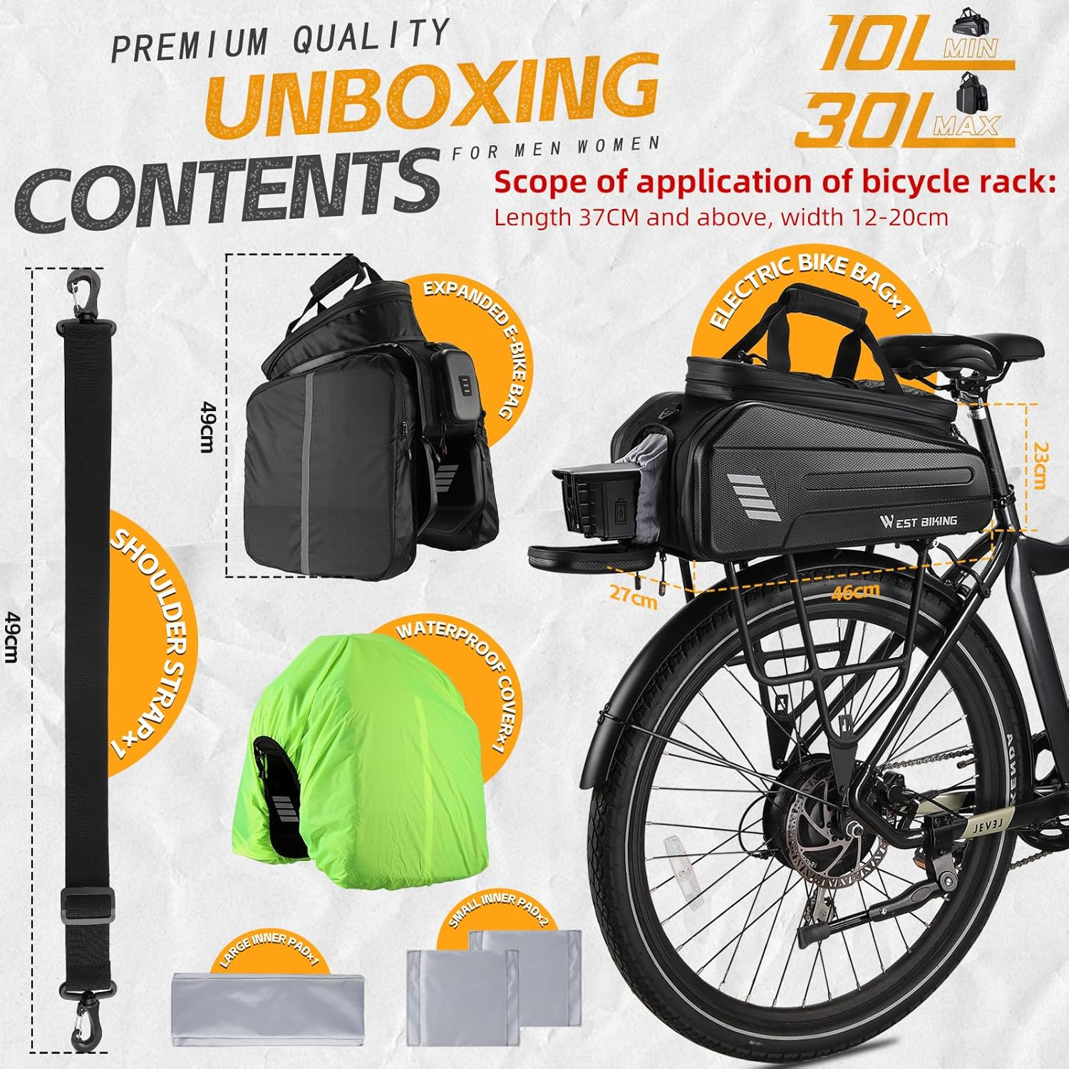 Unboxing the Tampa Bay eBikes' West Biking Rear Rack Bag includes an expandable storage bag, a shoulder strap, a waterproof cover, and reflective strips. The bag has a capacity ranging from 10L to 30L and comes with guidelines for fitting various bike sizes.