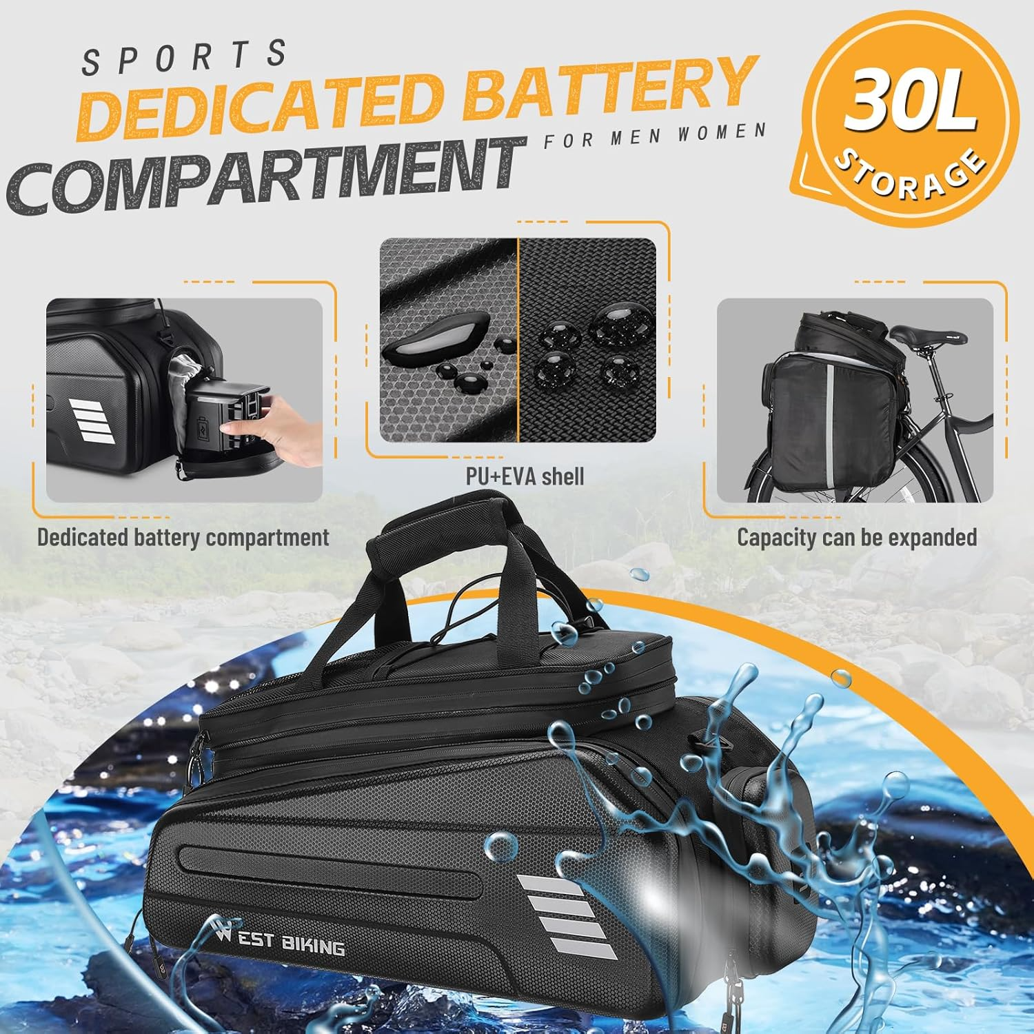 The Tampa Bay eBikes West Biking Rear Rack Bag, featuring a PU+EVA shell, expandable capacity, 30L storage, and a dedicated compartment for eBike batteries, is displayed in both indoor and outdoor settings.