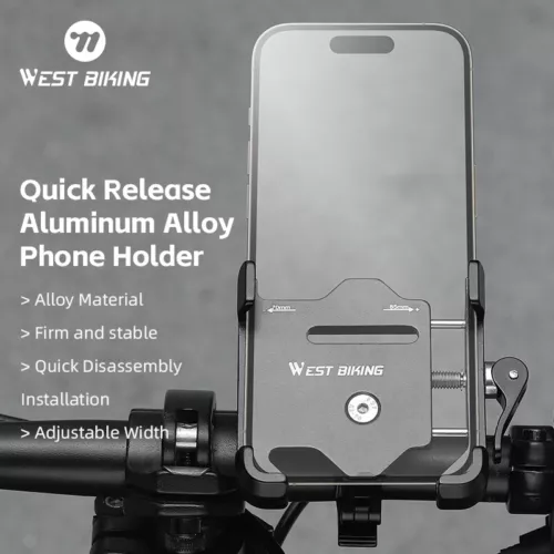 A phone is securely mounted on a bike handlebar using Tampa Bay eBikes' Metal Quick Release Phone Holder, featuring 360° rotation. The logo and features are prominently displayed, ensuring a universal fit for various devices.