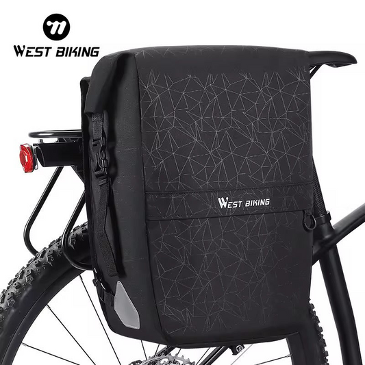Black Pannier Bag with a geometric pattern from Tampa Bay eBikes, mounted on the rear of a bicycle. Logo reads "West Biking.