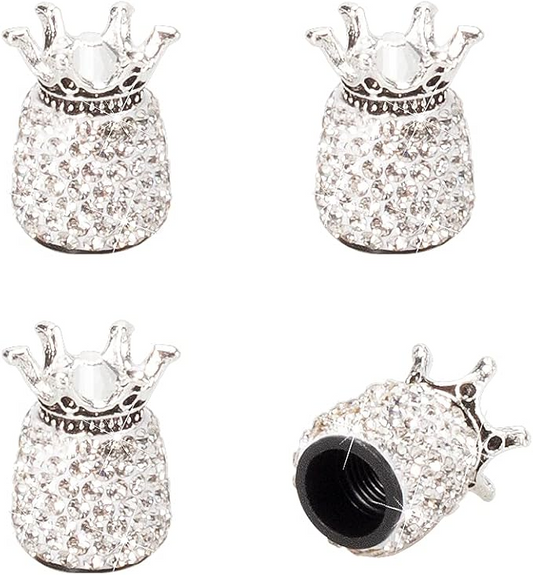 The EPWR Valve Gems - Diamond Crowns are four silver, crown-shaped valve caps with rhinestone texture; one shows the threaded side. Ideal for adding stylish sparkle to your bike’s valve stems.